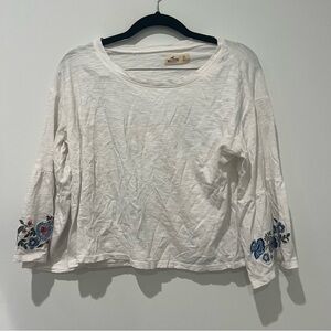 Hollister White Crop Top with Blue Floral Embroidery